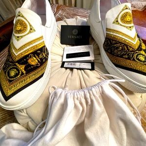 Authentic VERSACE Baroque Print Slip-on Womens White Sneakers SIZE 38 1/2